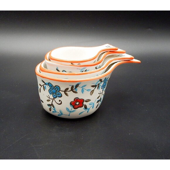 Dutch Wax Floral Measuring Cups Set Hand-Painted Ceramic Multi-Colored S/4 - Picture 1 of 7